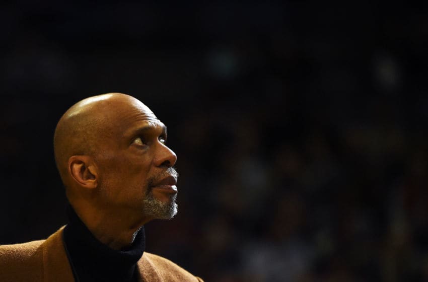 MILWAUKEE, WI - MARCH 01: Former Milwaukee Bucks player Kareem Abdul-Jabbar is honored at halftime during a game between the Milwaukee Bucks and the Denver Nuggets at the BMO Harris Bradley Center on March 1, 2017 in Milwaukee, Wisconsin. NOTE TO USER: User expressly acknowledges and agrees that, by downloading and or using this photograph, User is consenting to the terms and conditions of the Getty Images License Agreement. (Photo by Stacy Revere/Getty Images)